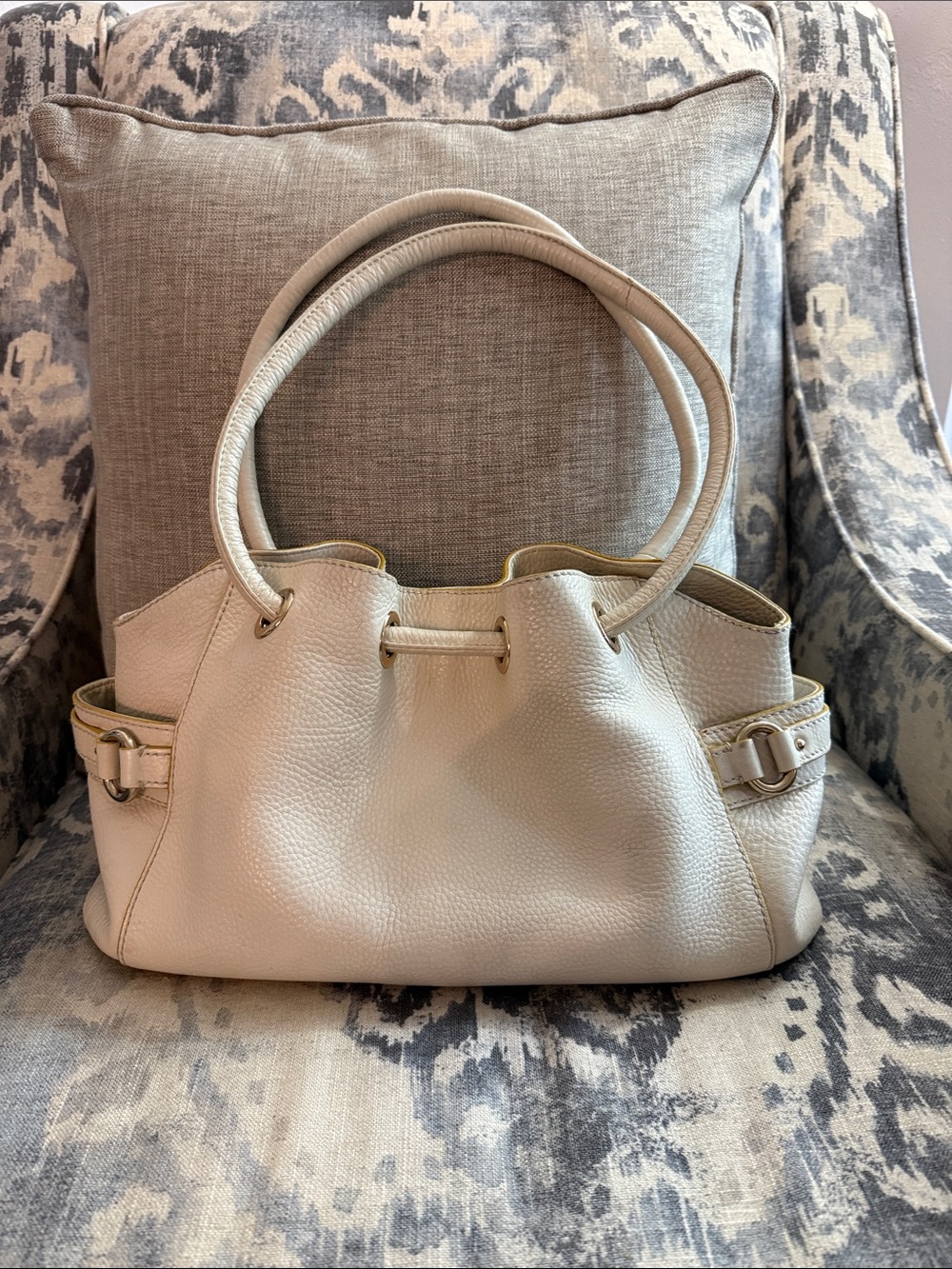 Cream Pebbled Leather Shoulder Bag with Double Handles